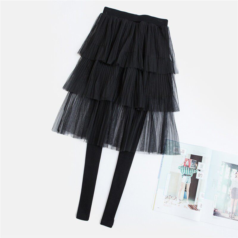 打底裤裙女外穿2021秋冬季网纱蛋糕裙假两件裙裤带裙子的裤子黑色