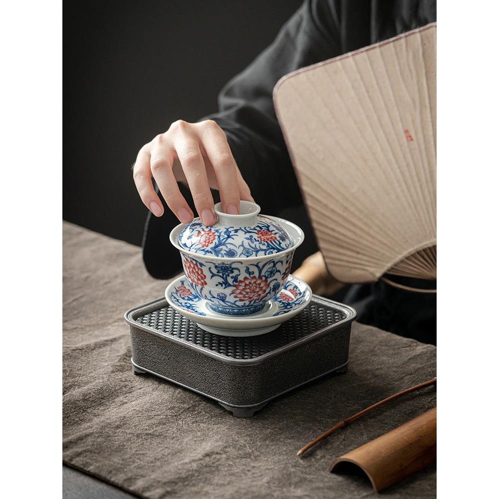 彷古釉下彩缠枝莲青花瓷釉里红三才盖碗大号陶瓷单个茶具防烫覆古