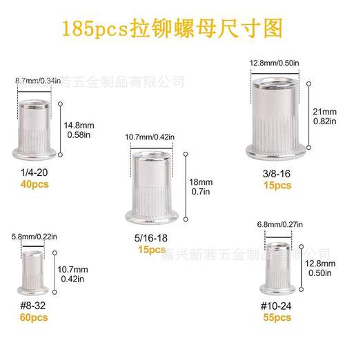 185pcs竖304不锈钢滚拉铆螺母PHF盒装平头纹孔铆通螺丝母花拉铆拉