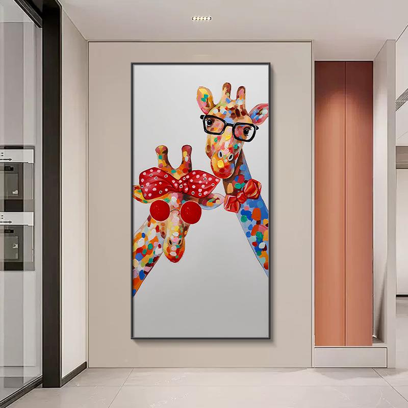 长颈鹿入户进SUC门玄装关画一家三口客饰厅过道走廊挂画卡通物壁