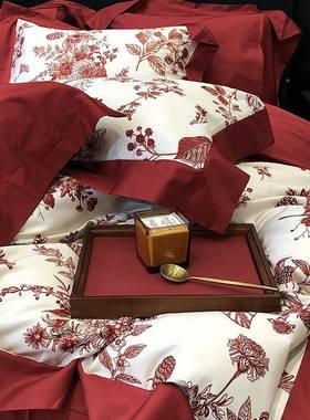 婚新婚床上四套红色婚被庆100YTC支件全棉长绒棉四件套结数码印花