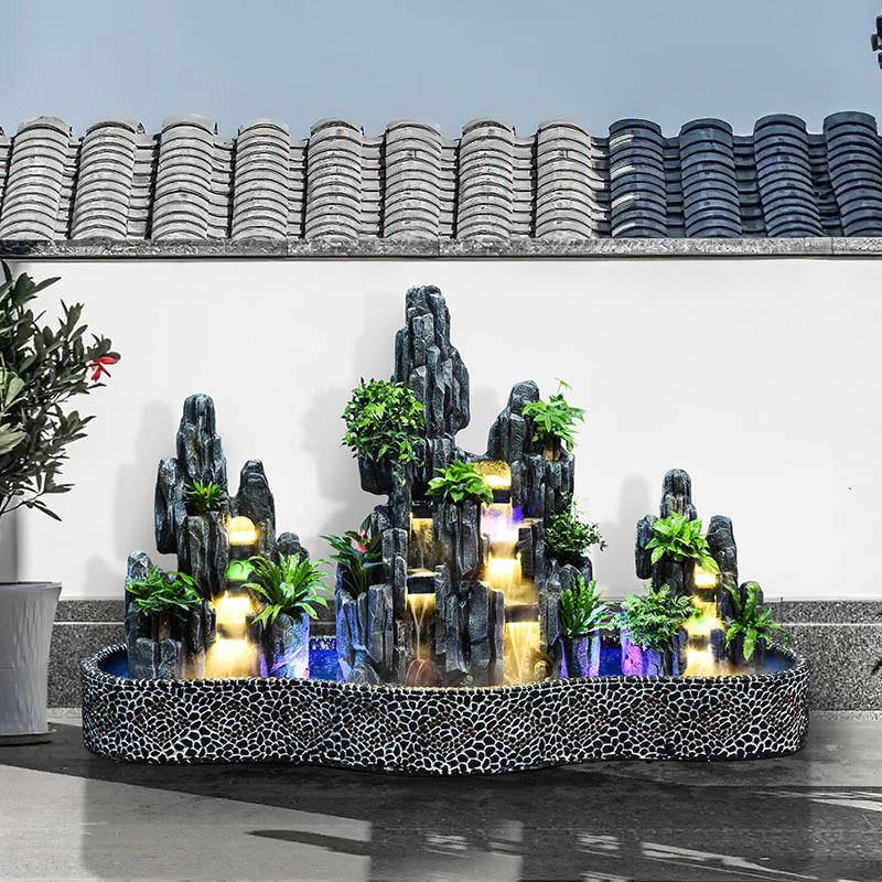 高大型假山鱼缸瀑布流水小喷院墅鱼池别装饰山泉摆件OGM庭院造景