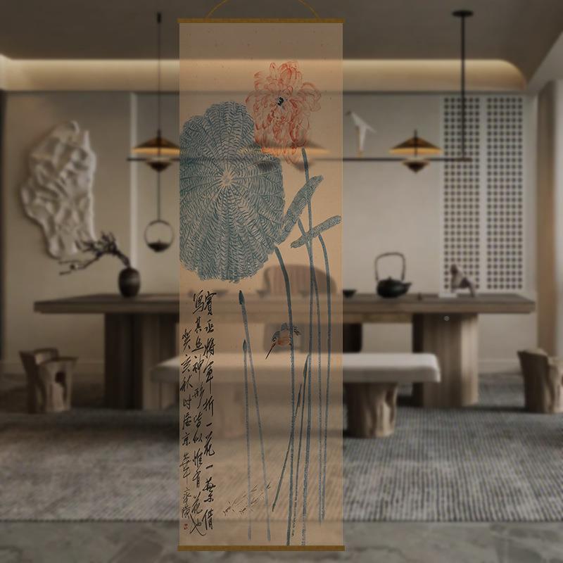 LNP半屏透明荷花双面透景风纱中式卷帘隔断帘帘帘水墨窗透光纱挂