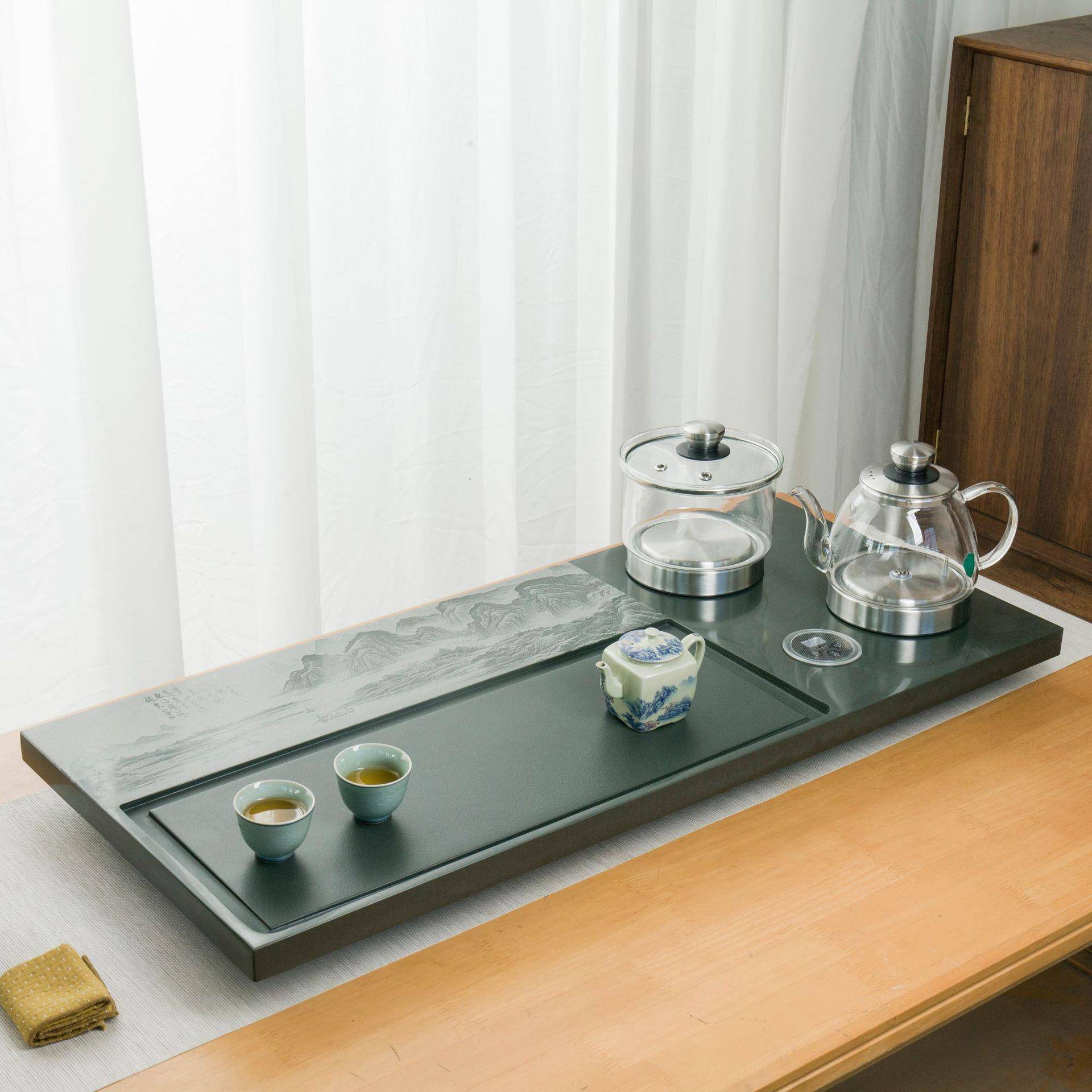 天然乌金石盘全自动上体水磁炉一茶具茶套装家AOM电用烧水壶浮雕