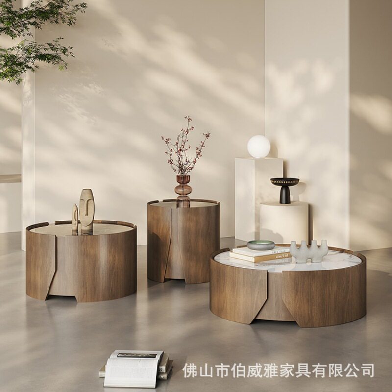 超晶石大理石大小圆形茶几三件套轻奢简约客厅小户型烟熏木茶台