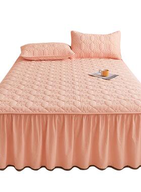 全棉水洗棉夹棉床单件纯棉2床罩025新款四季用防通滑裙床单带mc10