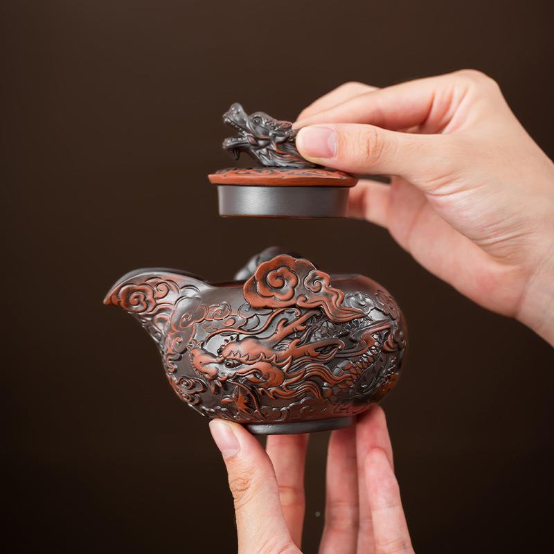 南建水陶茶壶雕满单个紫手抓VYW壶家用复古手茶工泡茶壶茶水分离