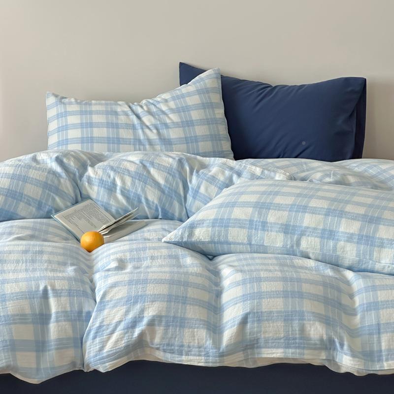 床单被套裸子睡全件套格纹格棉款纯棉雨白双四层四季纱布MUL床品