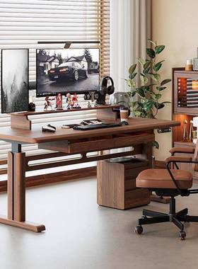 美黑中胡桃木电动升降桌古实木北习电脑桌电竞桌家用书桌学XPD办