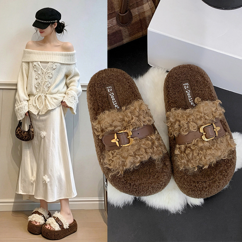 秋冬女外穿增高毛绒拖鞋