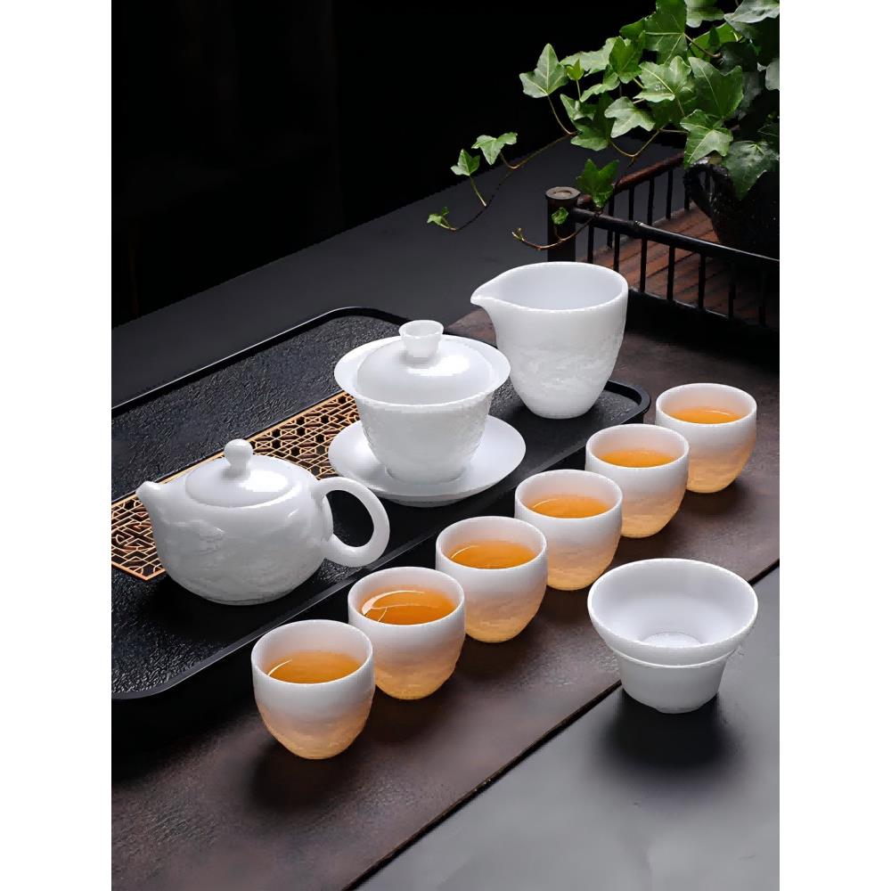 龙凤冰种高档玉瓷茶具套装家用办公室泡茶壶盖碗茶杯德化白瓷简约