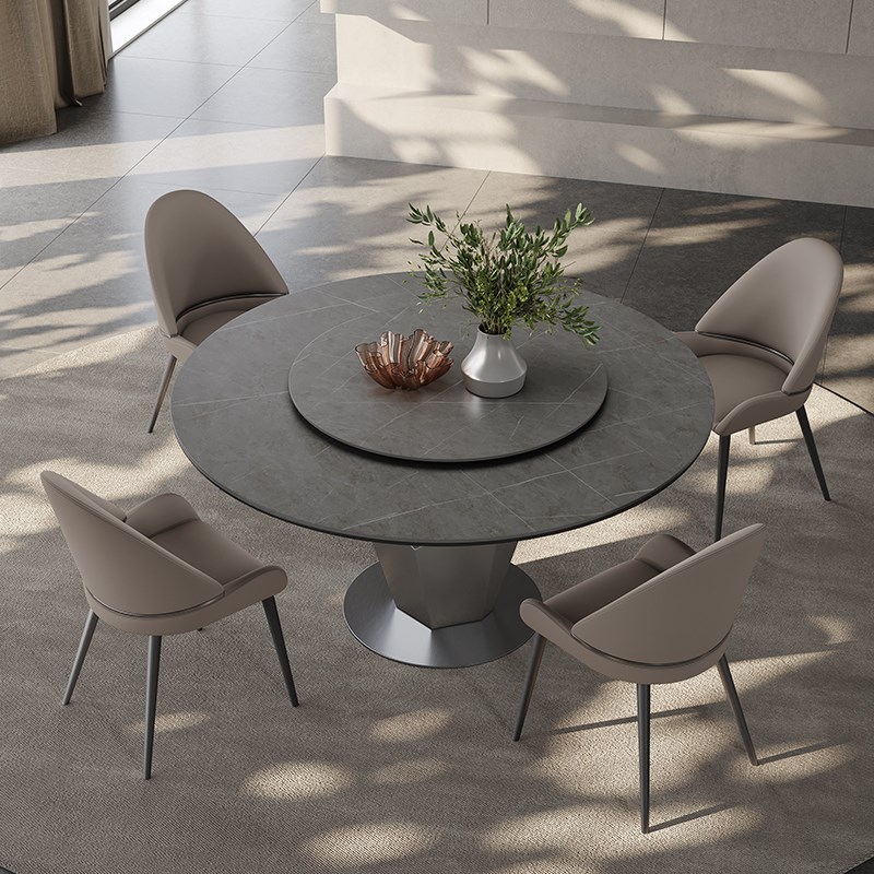 意式岩板餐c桌圆形餐台6/8人带转盘简约高端轻奢进口家用圆桌