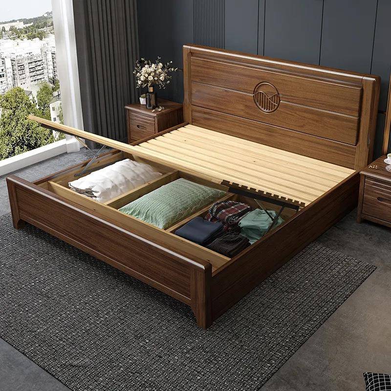 .新中胡桃24木实木床18米双人床2米储大床1.5m单人床高箱物式主卧