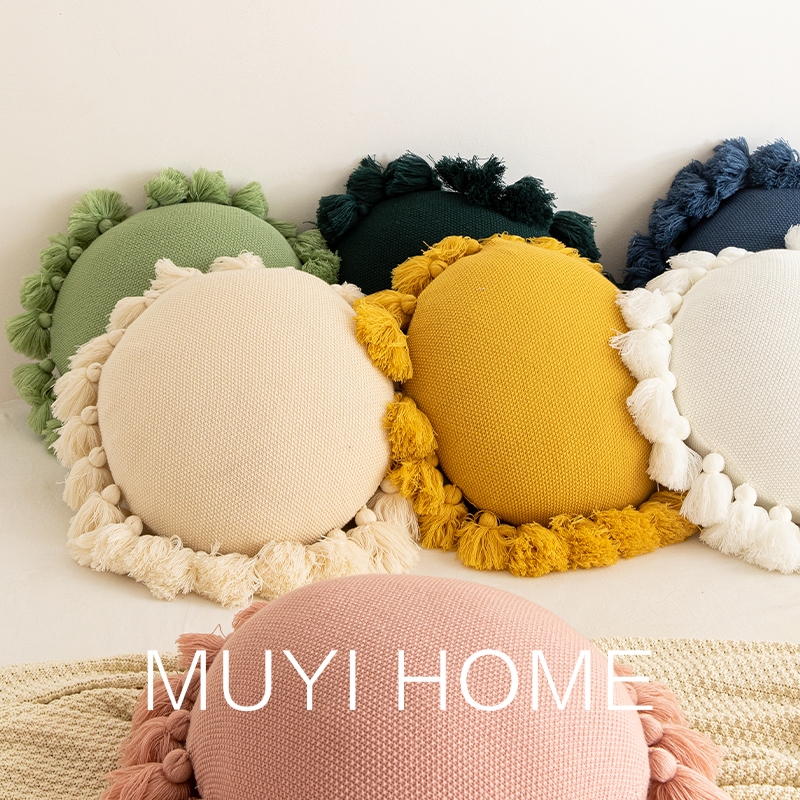 纯色可爱球球吊穗圆n形飘窗抱枕套靠枕靠垫客厅沙发抱枕带芯团蒲