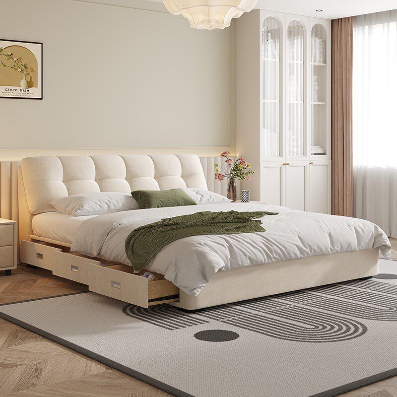 奶油风泡芙床现代简约实木床网红主卧G婚床三抽高箱储物双人布艺