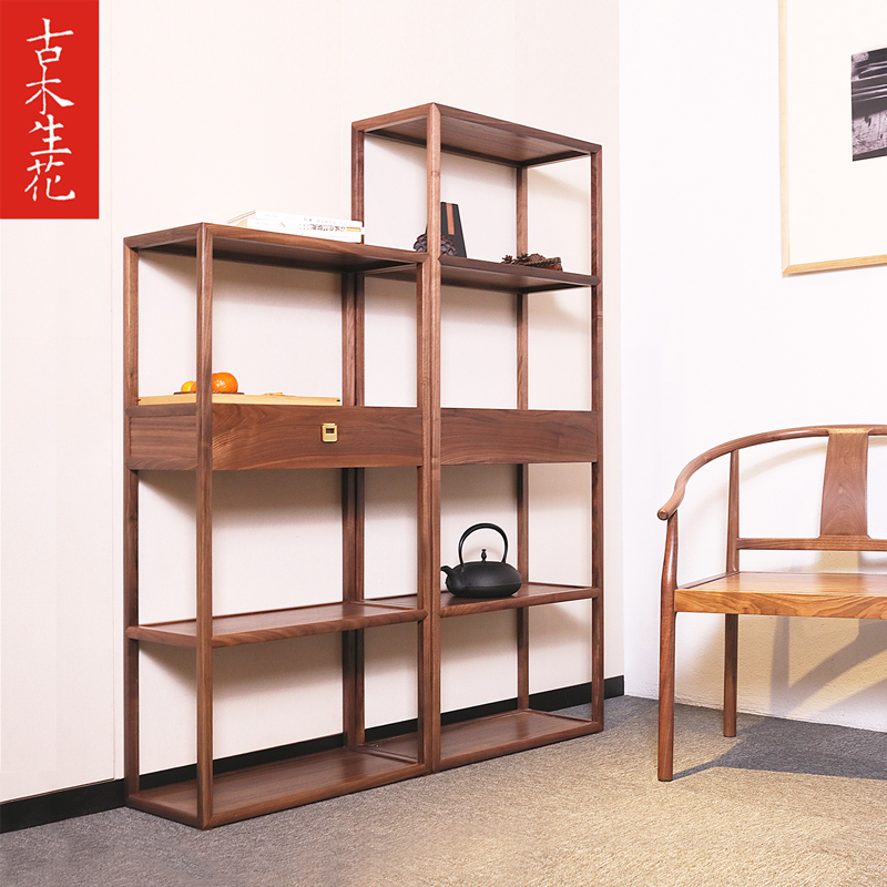 黑胡桃木书架落地中式置物架客厅玄关M架全实木小博古架家具