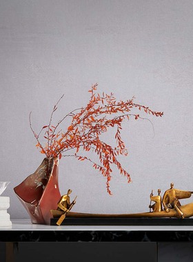 新中式陶瓷d花瓶摆件样板间办公室酒店客厅书房金属划船人物装饰