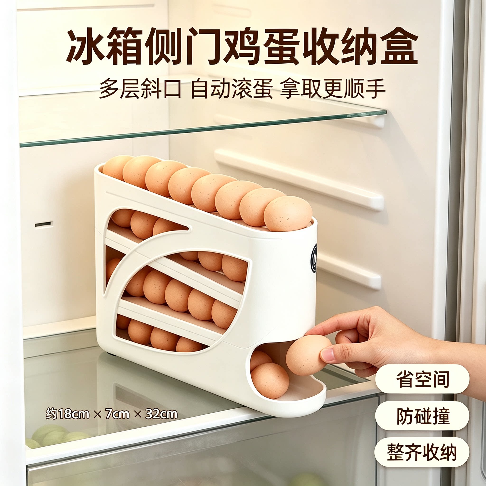 冰箱侧门鸡蛋收纳盒多层斜口自动滚蛋器厨房鸡蛋防摔保鲜鸡蛋托
