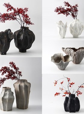 新中式复古侘寂风创意肌理感w陶瓷花器摆件样板间售楼处花瓶装饰