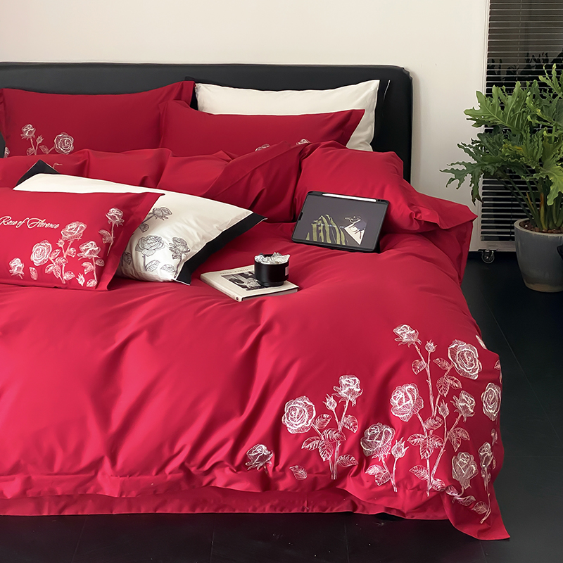 红色100支长绒棉四件套少女心玫瑰刺绣被套全棉双人床V上用品1.8m