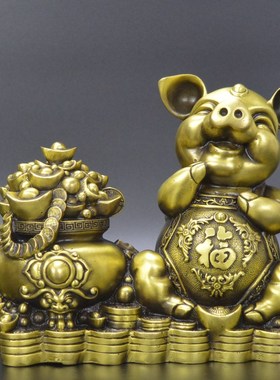 黄铜发财猪摆件铜生肖r猪猪聚宝盆家居客厅办公室摆设铜器工艺品