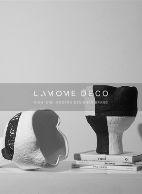 简约白色黑色抽象肌理纹花器 客厅茶几样板S房室内软装摆件