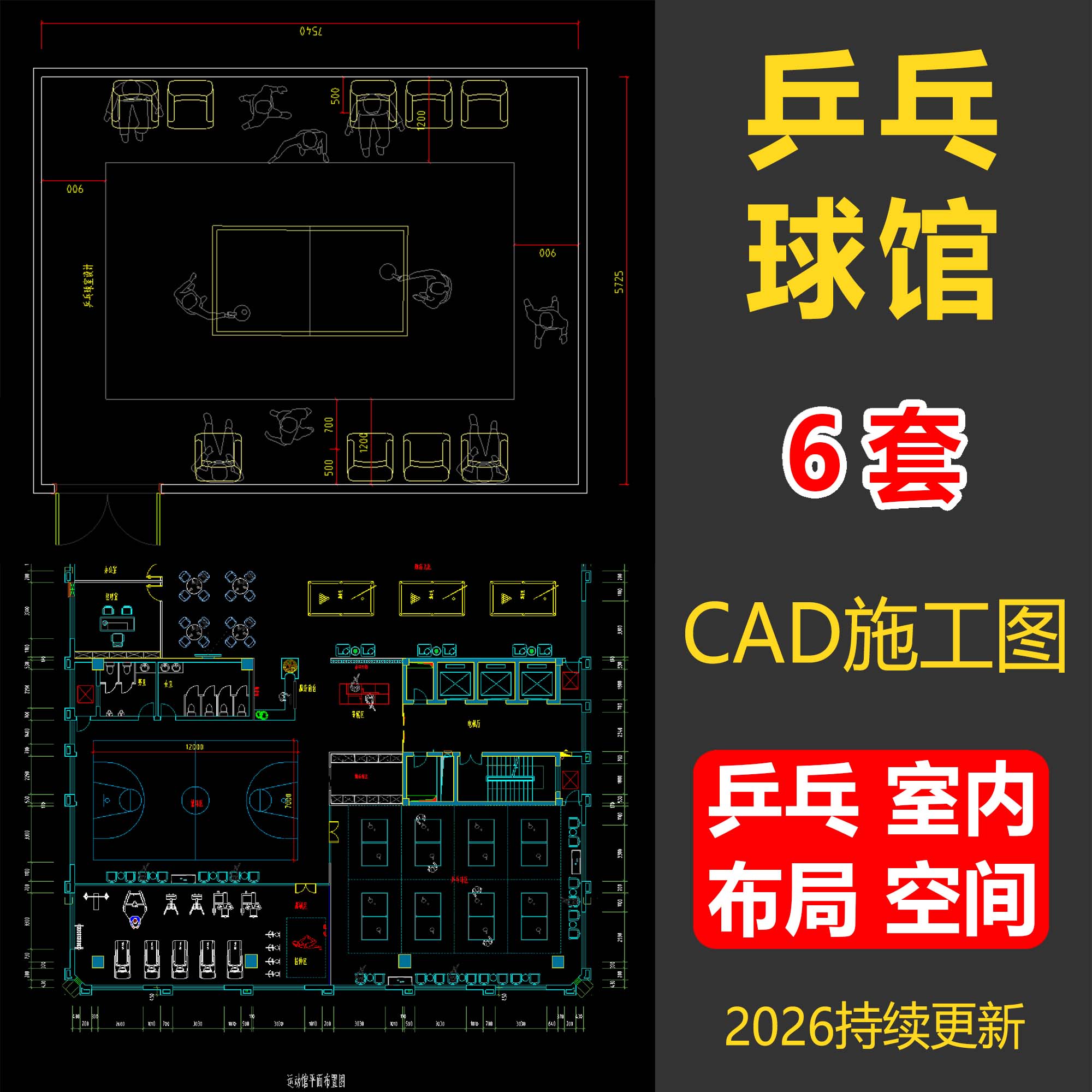 乒乓球馆CAD施工图纸室内布局空间休闲娱乐空间训练基地平面素材