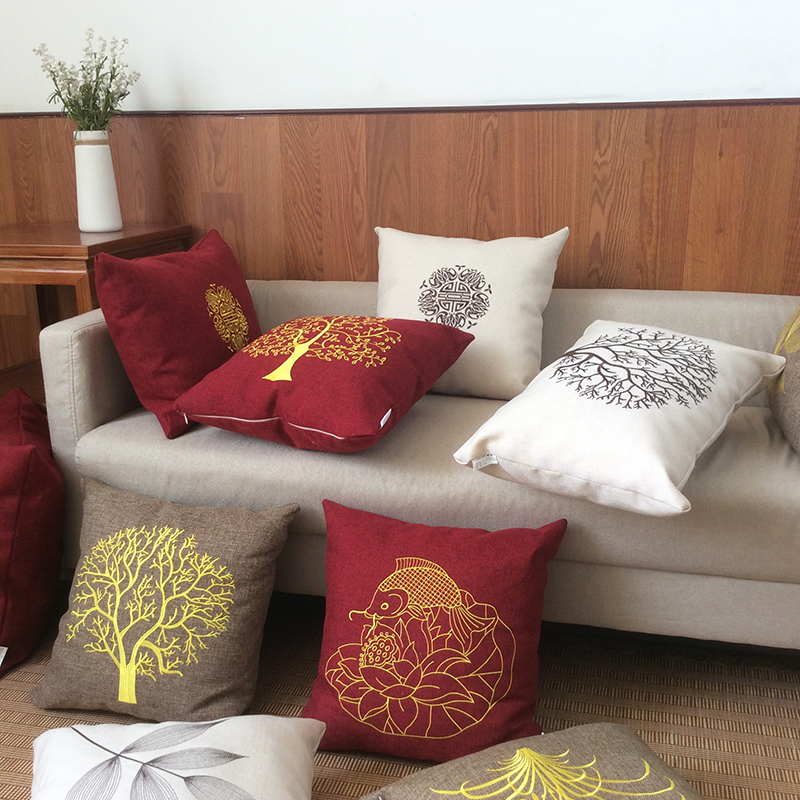 抱枕沙发客厅汽车靠n垫办公室腰靠枕北欧床头靠背抱枕套刺绣禅意
