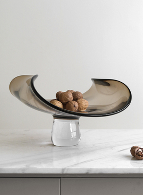 欧式轻奢简约玻璃花瓶卷r边果盘样板间餐桌茶几咖色装饰托盘装饰