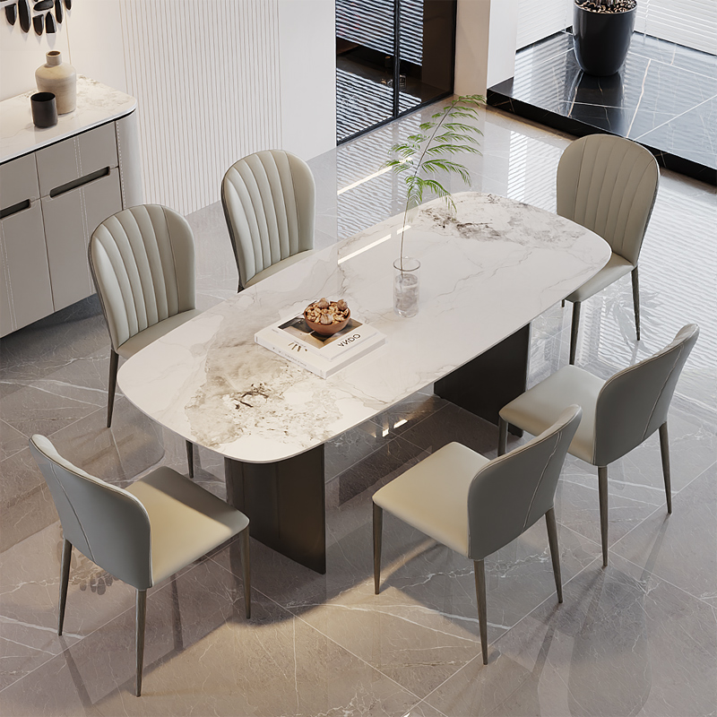 轻奢岩板餐e桌椅子组合意式极用不锈钢高端亮光长方形饭桌
