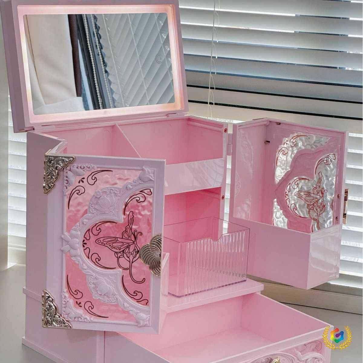 ?无品牌/蝶恋花生亚克力彩妆大E容量收纳盒LD色三美妆镜送女朋友