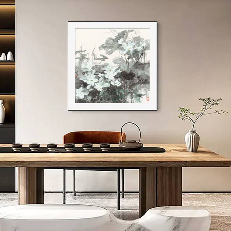 墨荷花卉装饰画客厅沙发玄关餐厅茶室办公室壁画新中式水墨挂画图片