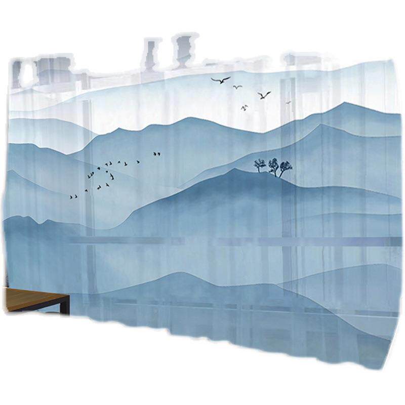 A5L客新中墨式窗帘山水画风景卧室厅书房飘窗水无品牌/画馆纱帘茶