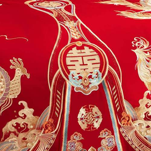 端婚四庆件套1高40支纯棉长83300555婚绒棉刺绣大红新嫁娶全棉六