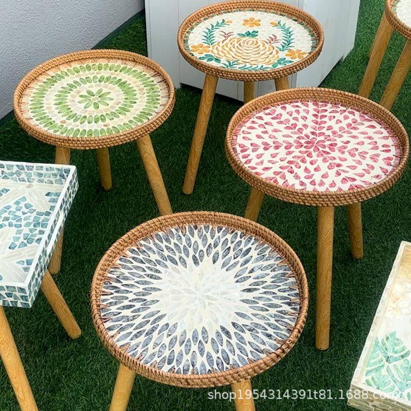 藤编手工编织壳多彩小茶轻家几用1tu80939奢贝收纳托盘沙发边几小