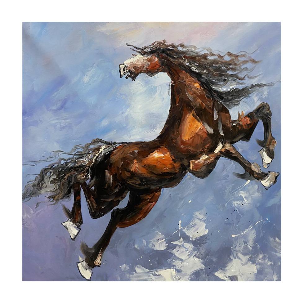 纯手绘油画马到成功现代手工装饰画骏马玄关餐厅挂画抽象厚重肌理图片