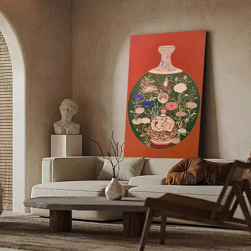 AVO福禄-古客厅沙发背景装饰画卧室玄关餐厅中竖版挂花风卉花瓶壁