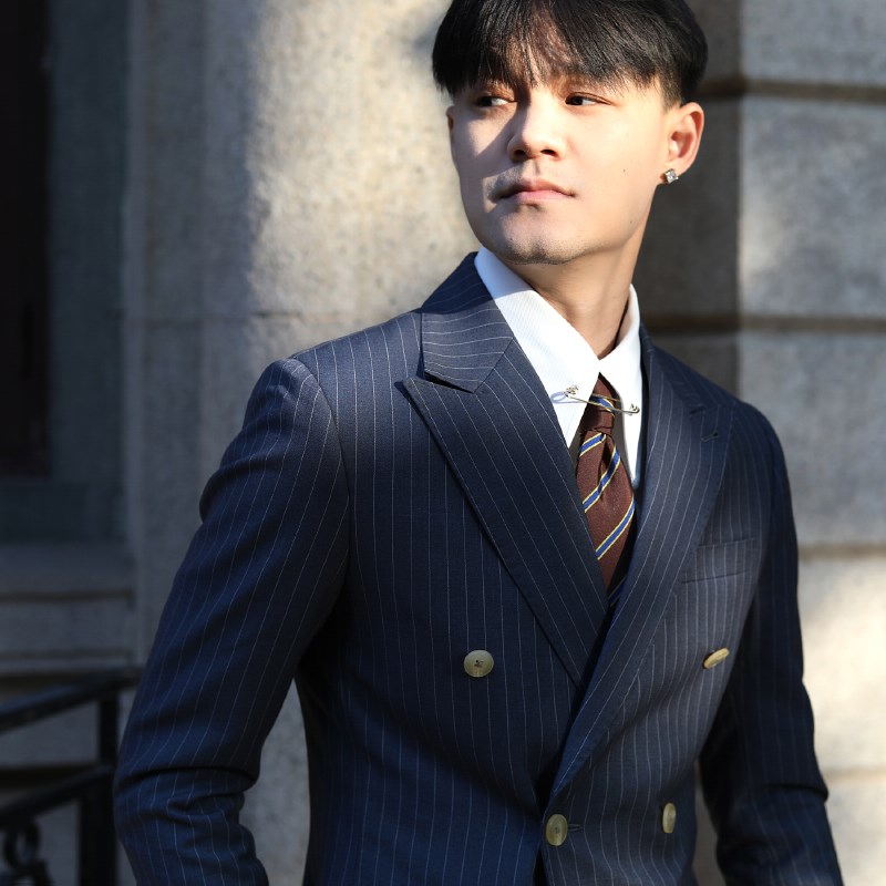 意式戗驳领双排条纹羊毛人字纹 英伦复古商务休闲结婚西装外套