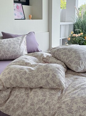 新款A类四季双i层纱全棉被套单件1米5田园被罩紫色碎花三件套