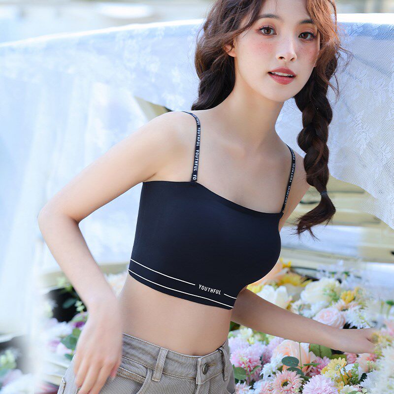 字母细肩带抹胸内衣防走光夏季无痕美背文胸小胸聚拢少女黑色裹胸