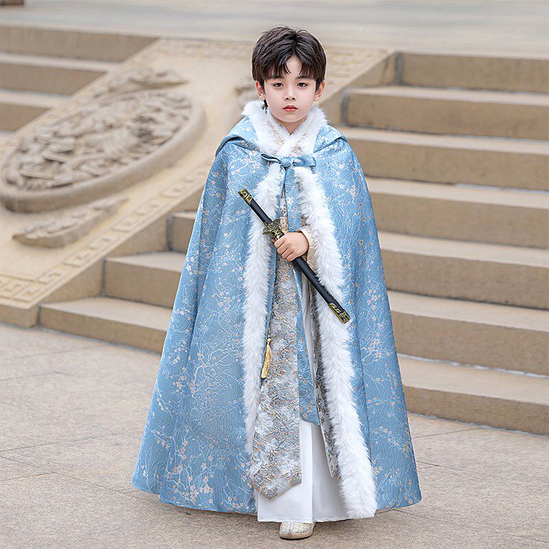 儿童汉服2024秋冬季新款男童加绒加厚古风斗篷演出服男孩古装披风
