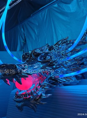 国潮玻璃钢龙头摆件大型雕v塑中国龙酒吧KTV发光现代装置艺术品