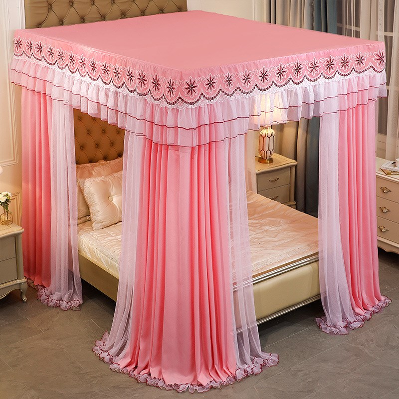 双层双杆三开门床幔落地蚊帐公主床帘床幔绣花花边不锈钢支架3