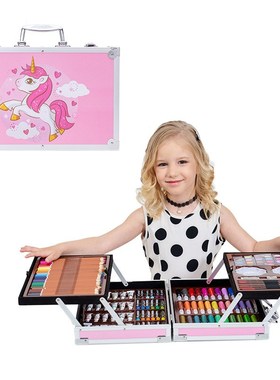 六一儿童礼品200PC铝盒水彩笔蜡笔套装丙烯颜料彩铅笔 绘画套装