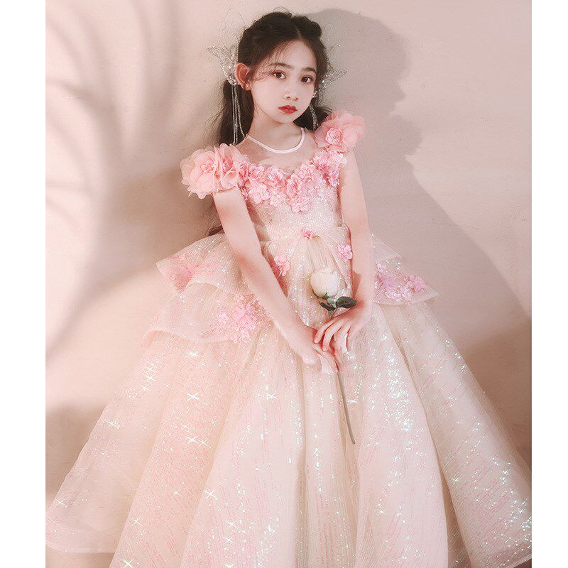 2024夏季粉色女童主持人礼服裙子儿童仙女花朵花童钢琴演奏演出服