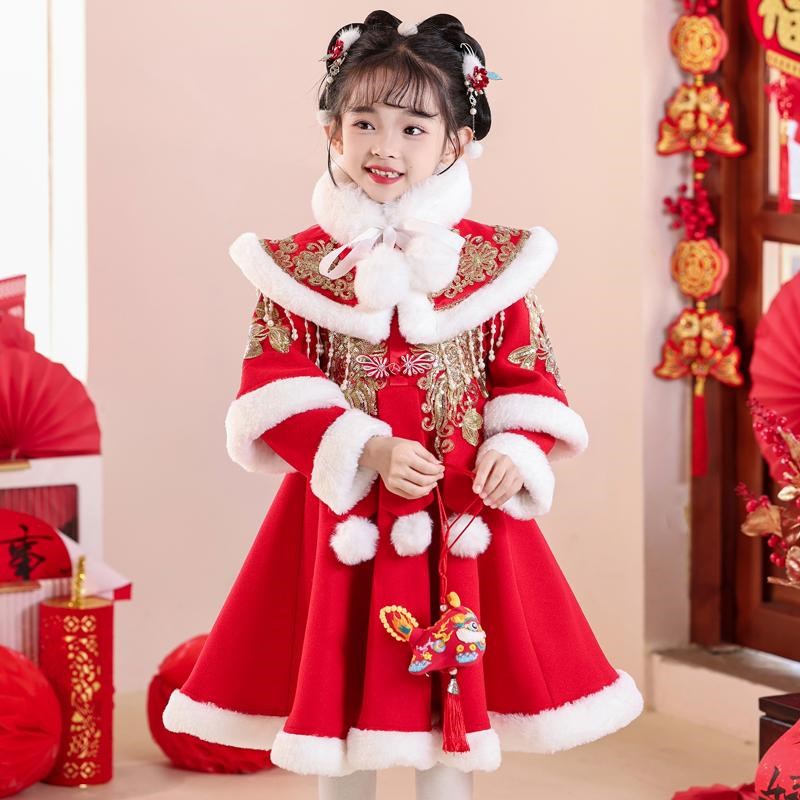 新年战袍女童拜年服国风儿童汉服旗袍冬季加绒唐装女宝宝过年衣服