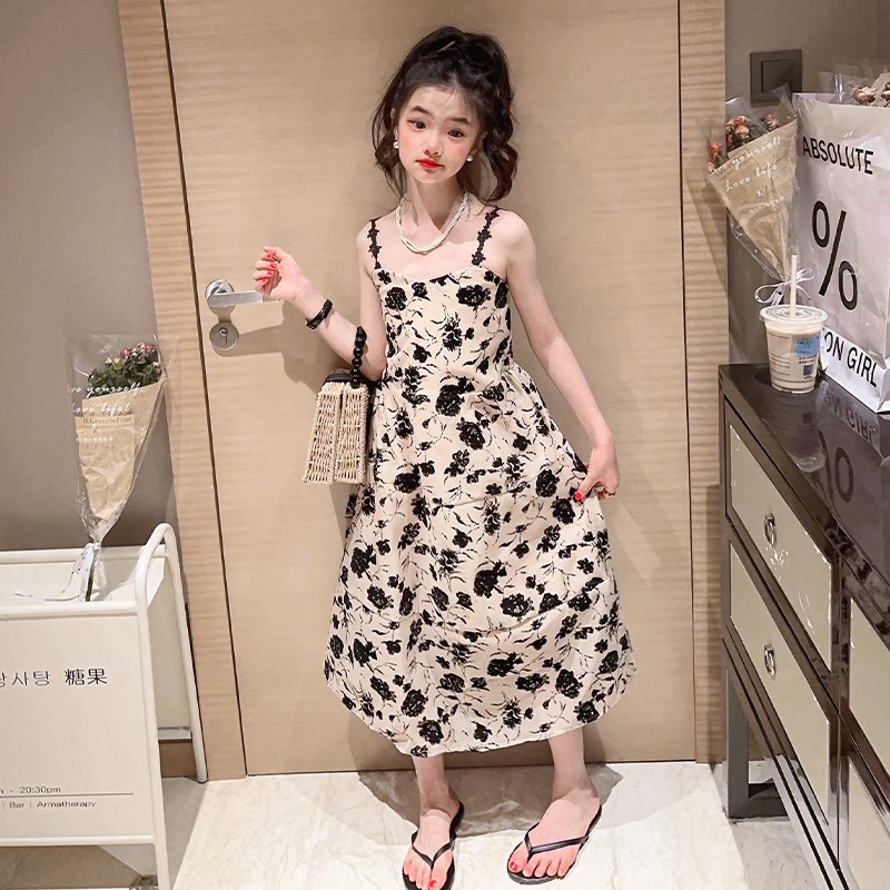 碎花吊带连衣裙女童装夏季新款法式复古赫本风潮范气质女孩裙子潮