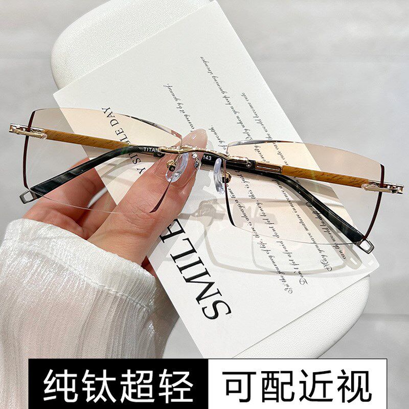 纯钛男款变色镜可配度数近视散光切边无框金丝眼镜超轻仿檀木色z8