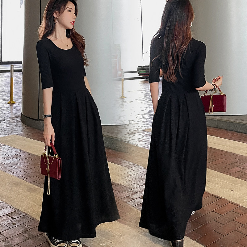 韩版针织长款拖地连衣裙春秋2023新款气质打底裙收腰长裙修身显瘦