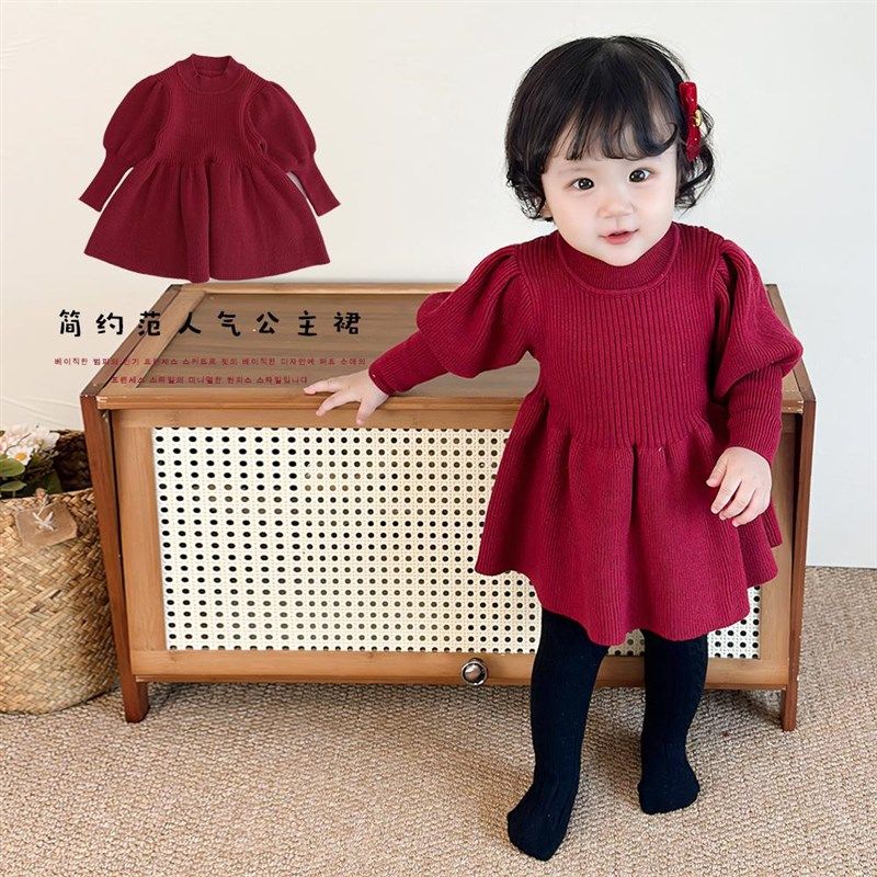 婴儿裙子红色针织连衣裙秋冬女宝宝公主裙新年拜年服周岁礼服春秋